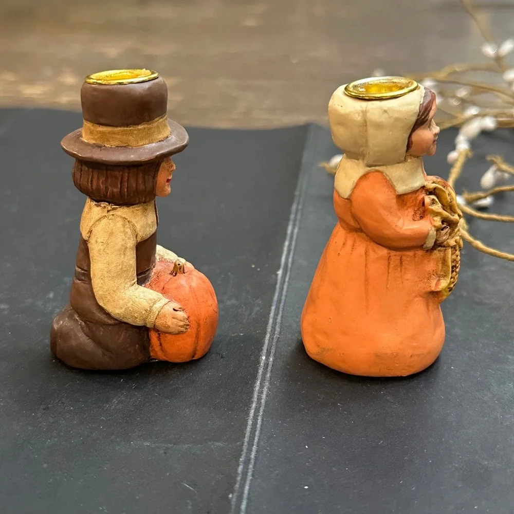 Kurt S. Adler Thanksgiving Pilgrims Candle Holders Resin Vintage‎ Man Woman
